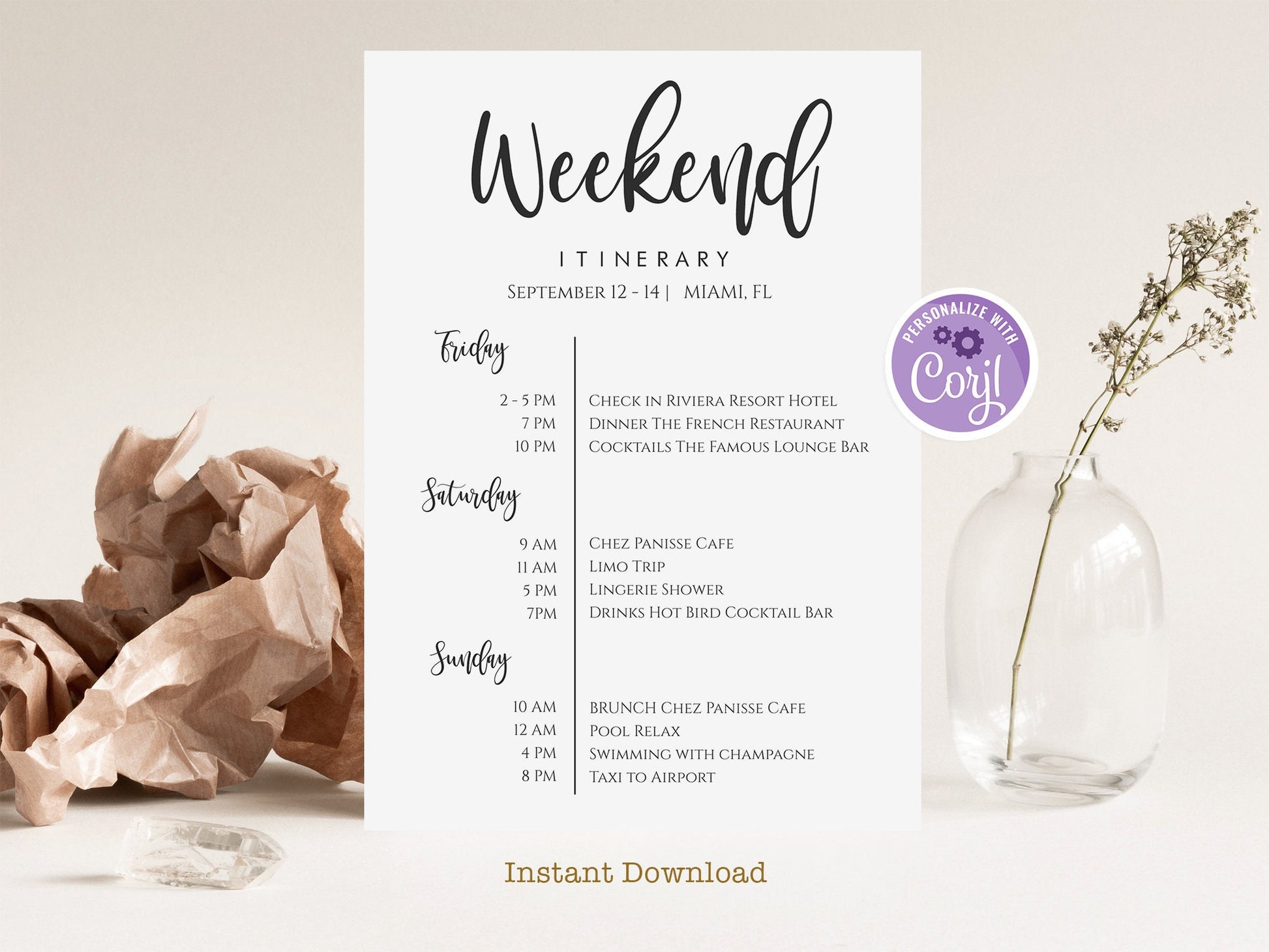 Printable Bachelorette Itinerary Template, Editable Bachelorette Weekend Itinerary, Weekend Timeline, Hen Party Itinerary, Editable, DIY