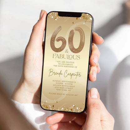 Sixty and Fabulous Digital Birthday Invitation – Editable 60th Dinner Party Evite – Gold Ladies Text Message Invite – Instant Download