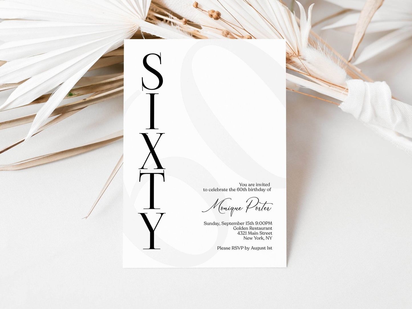 Simple 60th Birthday Invitation Template, Printable Black and White Editable Invite, Modern Elegant Sixty Birthday Party Invitation