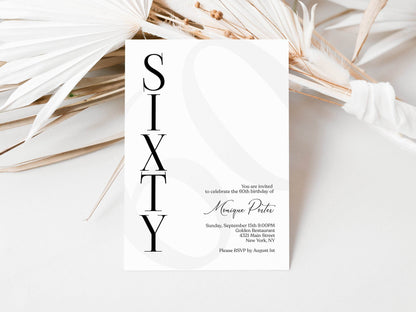 Simple 60th Birthday Invitation Template, Printable Black and White Editable Invite, Modern Elegant Sixty Birthday Party Invitation