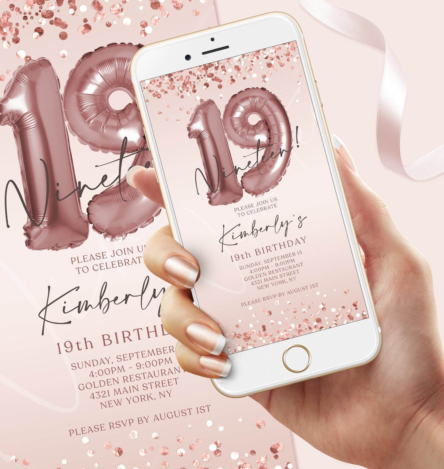 19th Birthday Invitation Template | Editable Digital Invite for Her | Pink Mobile Evite | Electronic Text Message Card | Instant Download