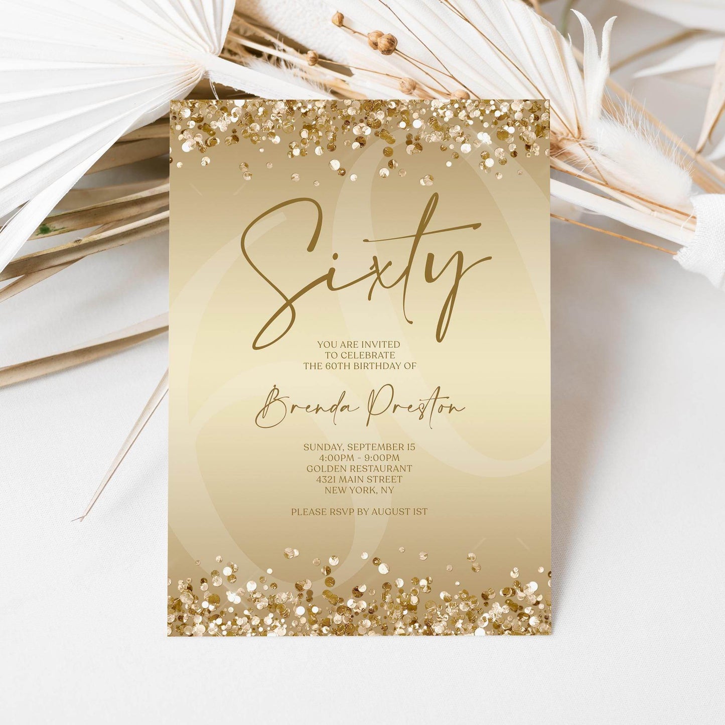 Gold Sixty 60th Invitation Template Printable, Editable Gold Confetti 60th Birthday Invite, Email Text Message, Ladies Surprise Party Card