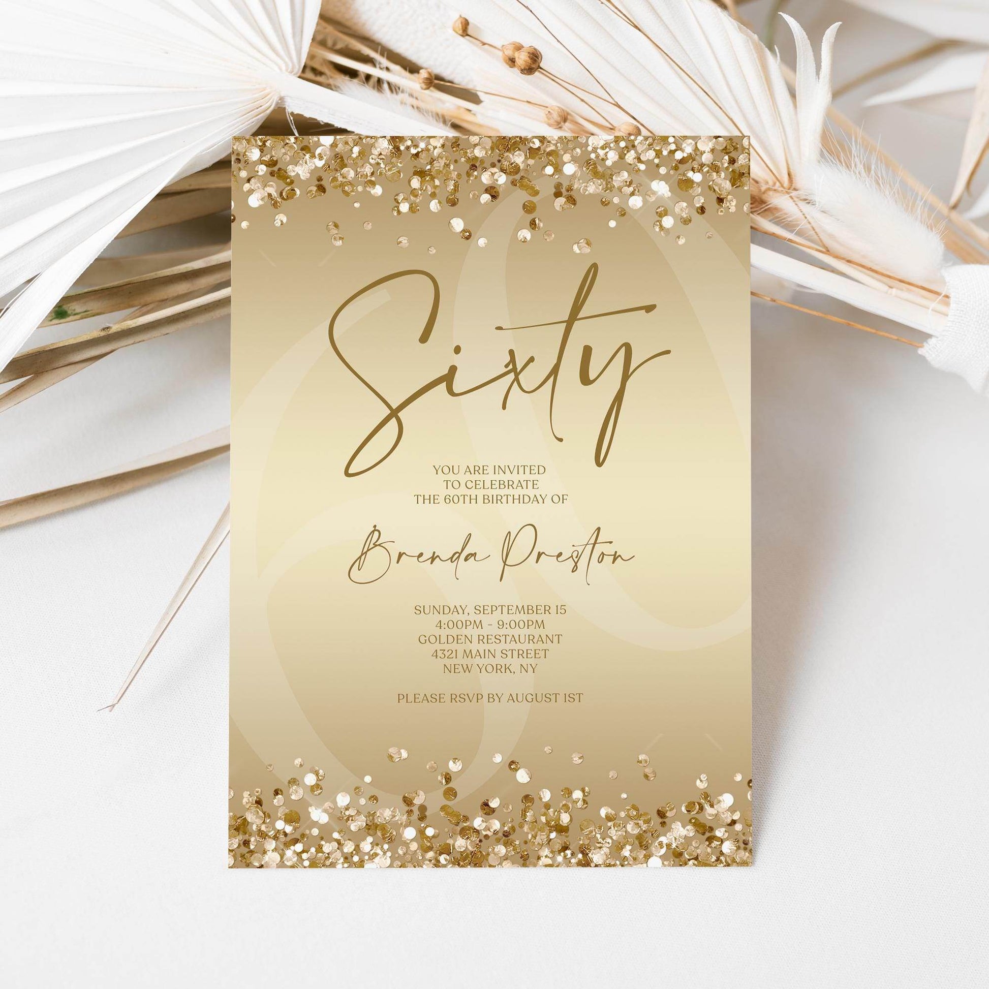 Gold Sixty 60th Invitation Template Printable, Editable Gold Confetti 60th Birthday Invite, Email Text Message, Ladies Surprise Party Card