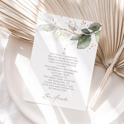 Editable Thank You Card Template | First Holy Communion & Baptism Thank You | Printable Eucalyptus Greenery Design | Instant Download