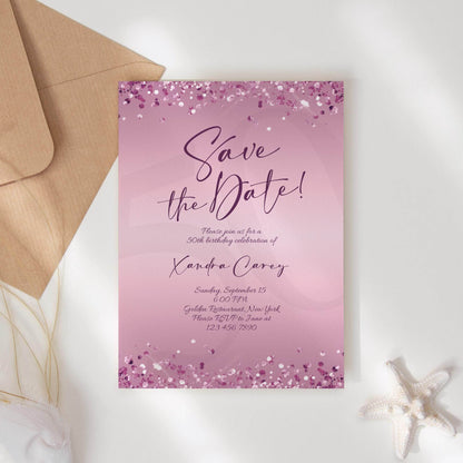 Editable Save the Date Purple Birthday Invitation Template, Printable Lavender Birthday Party Invite, Any Age Save the Date Card, Email Text Message, Instant Download