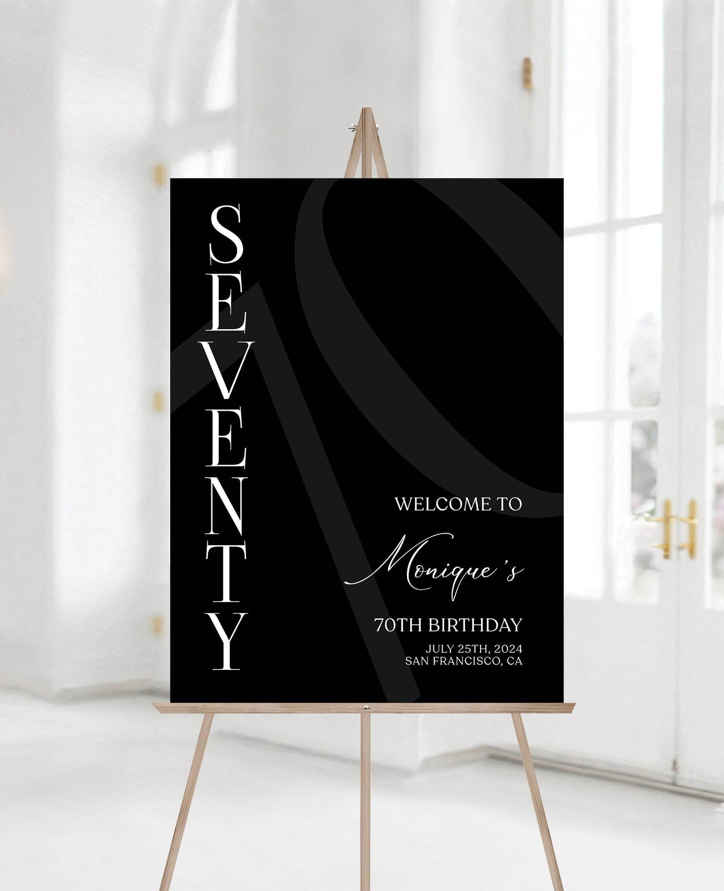 Simple Black 70th Birthday Welcome Sign Template, Printable Seventy Birthday Poster, Minimalist Editable Birthday Decor, Instant Download