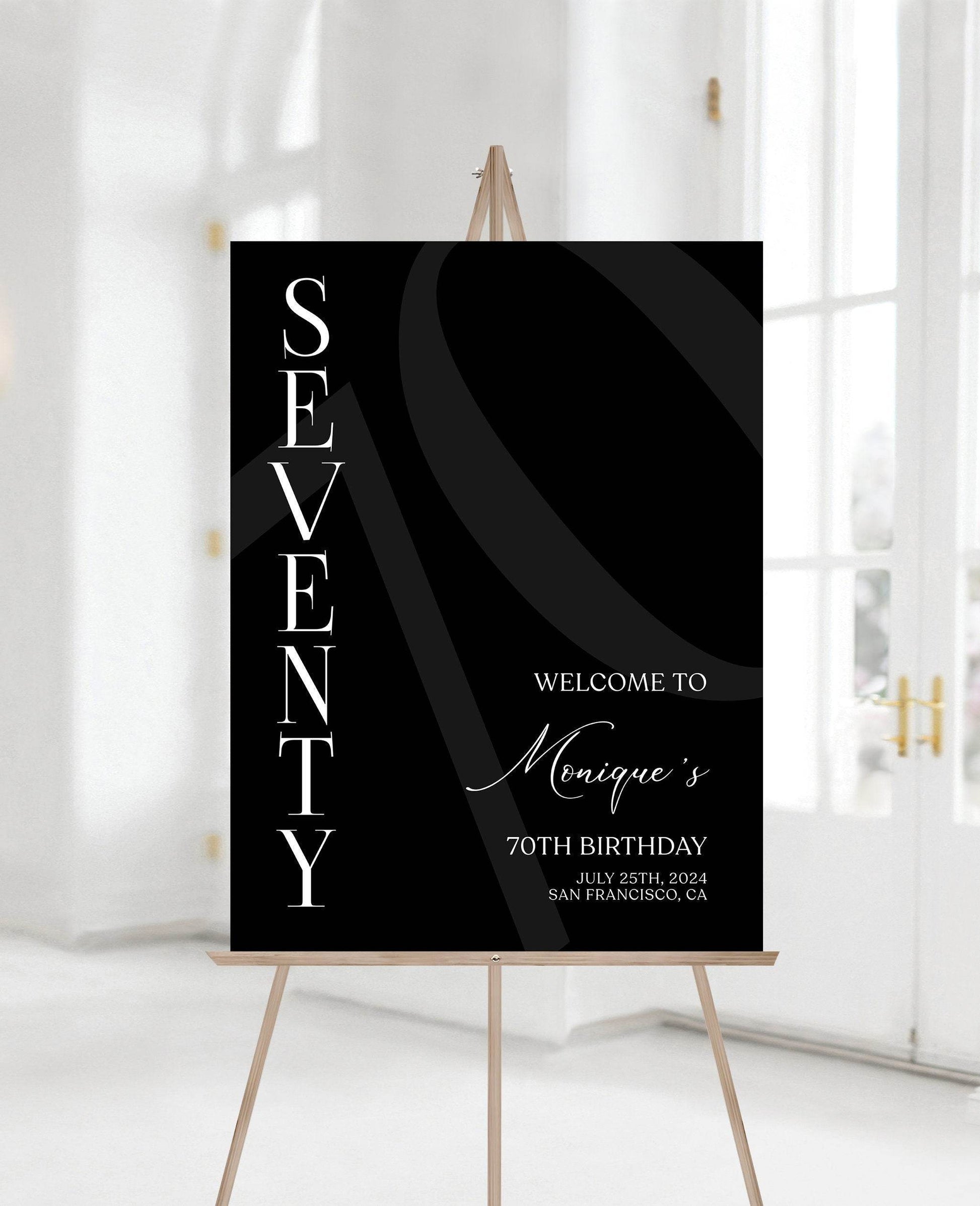 Simple Black 70th Birthday Welcome Sign Template, Printable Seventy Birthday Poster, Minimalist Editable Birthday Decor, Instant Download