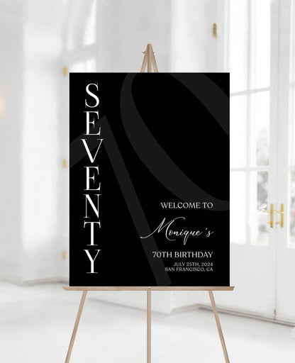 Simple Black 70th Birthday Welcome Sign Template, Printable Seventy Birthday Poster, Minimalist Editable Birthday Decor, Instant Download