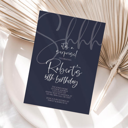 Navy Gold Surprise 40th Birthday Invitation, Printable Shhh It’s a Surprise Blue Forty Birthday Invite, Editable Digital Invitation Template, Instant Download
