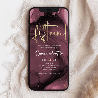 Digital Maroon Purple & Gold 15th Birthday Invitation Template