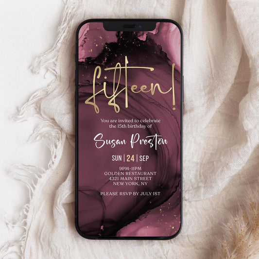 Digital Maroon Purple & Gold 15th Birthday Invitation Template