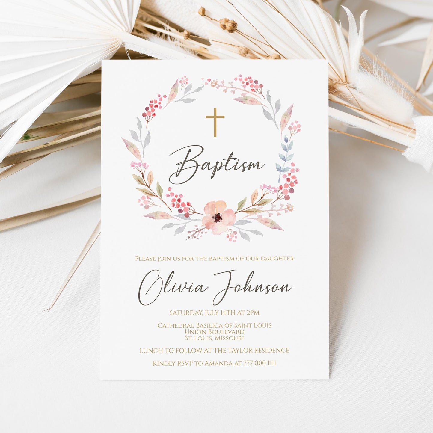 Girl Baptism Invitation Template Editable, Boho Floral Girl Invite Template, Printable Blush Pink Christening Card Invite, Digital Download
