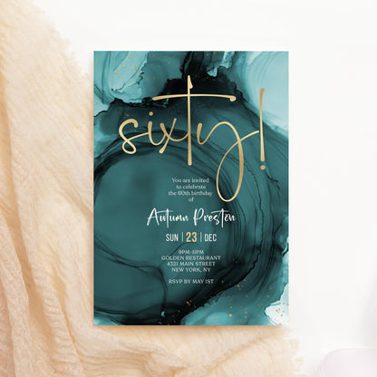 Teal Turquoise & Gold 60th Birthday Invitation Template | Editable Surprise Party Invite | Printable Milestone Evite | Digital Instant Download