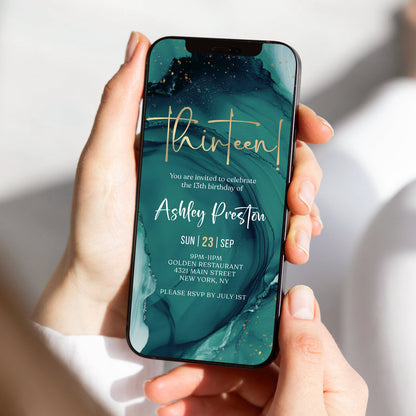 Digital Teal 13th Thirteen Birthday Invitation Template, Electronic Thirteen Party Invites, Editable Boy or Girl Invite, Text Message Evite
