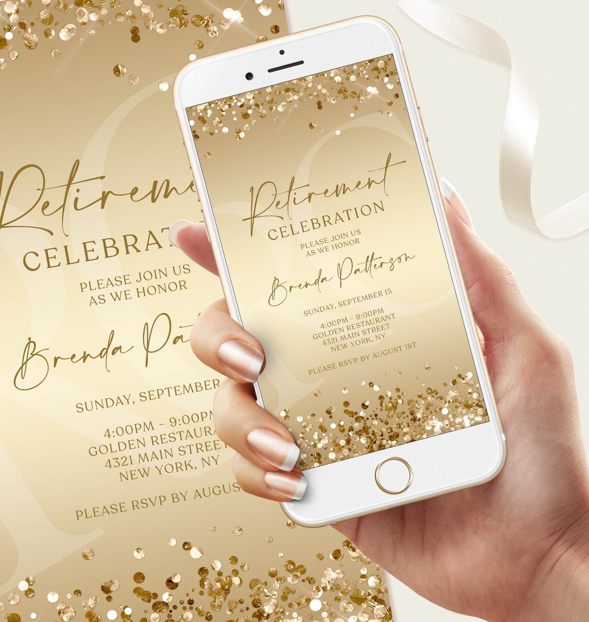 Electronic Gold Party Retirement Invitation | Text Message Evite | Instant Download | Digital Gold Invitation