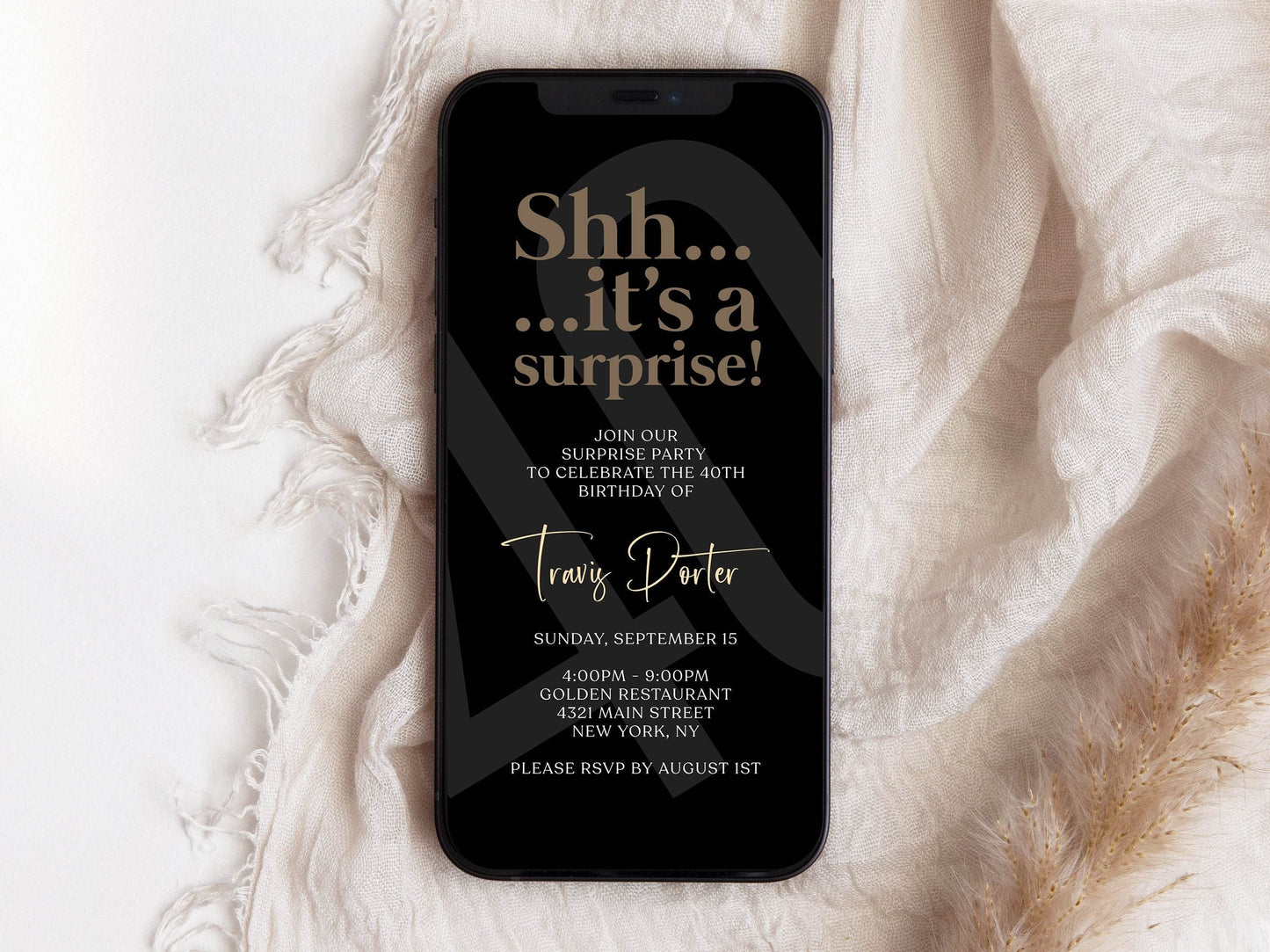 Digital Black Surprise 40th Birthday Invitation, Editable Minimalist Text Message Evite, Electronic Forty Party Invite Template