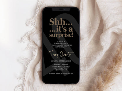 Digital Black Surprise 40th Birthday Invitation, Editable Minimalist Text Message Evite, Electronic Forty Party Invite Template