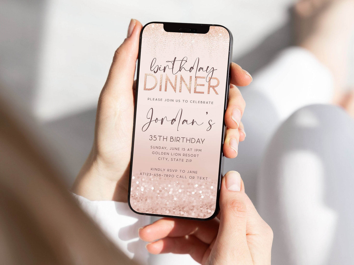 Rose Gold Birthday Dinner Invitation Template, Digital Glitter Phone Evite, Editable Mobile Invite, Text or Email DIY Birthday Dinner Card