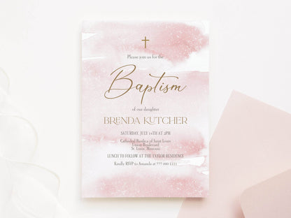 Printable Baptism Girl Invitation, Pink Christening Invitation Template, Pink Watercolor, Rose Gold, DIY Editable Baptism Invitation 5x7