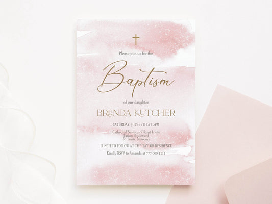 Printable Baptism Girl Invitation, Pink Christening Invitation Template, Pink Watercolor, Rose Gold, DIY Editable Baptism Invitation 5x7