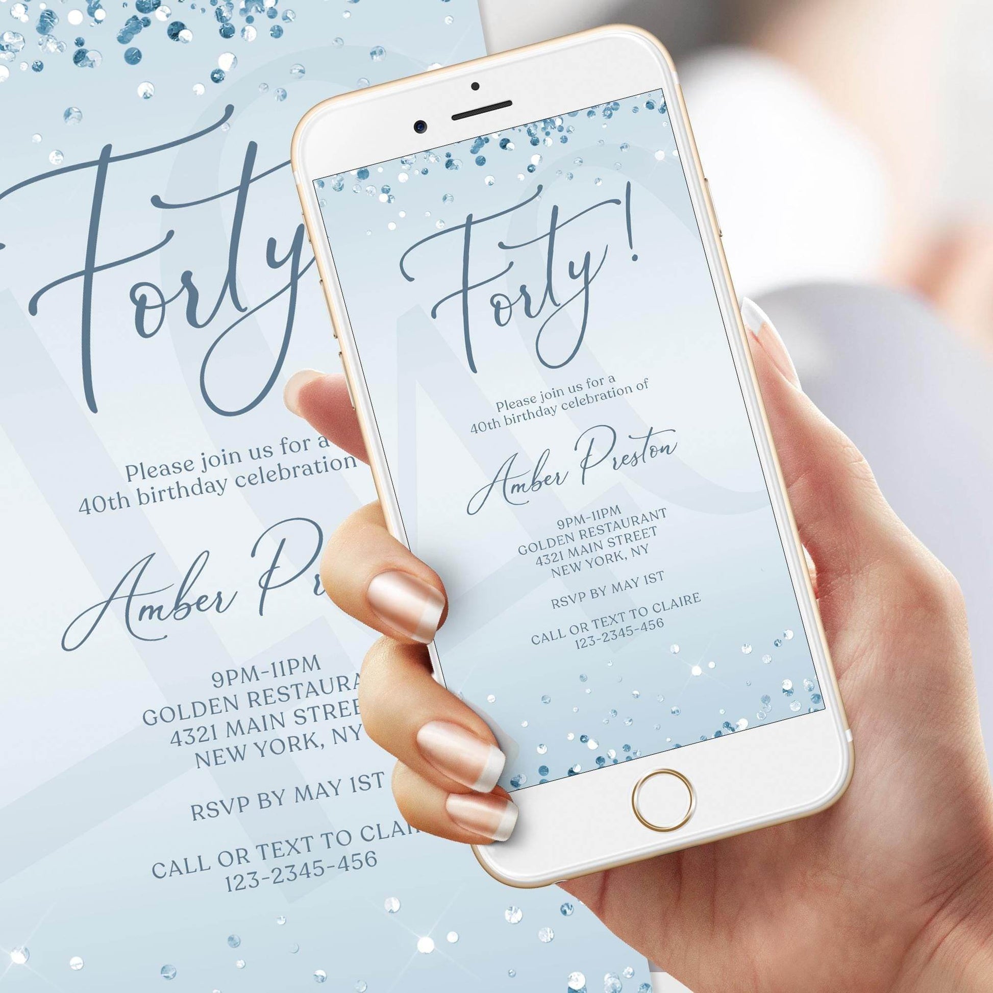 Electronic Blue Silver 40th Birthday Invitation Template – Editable Mobile Phone Evite | Digital Text Message Invite | Instant Download