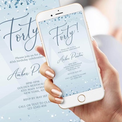 Electronic Blue Silver 40th Birthday Invitation Template – Editable Mobile Phone Evite | Digital Text Message Invite | Instant Download