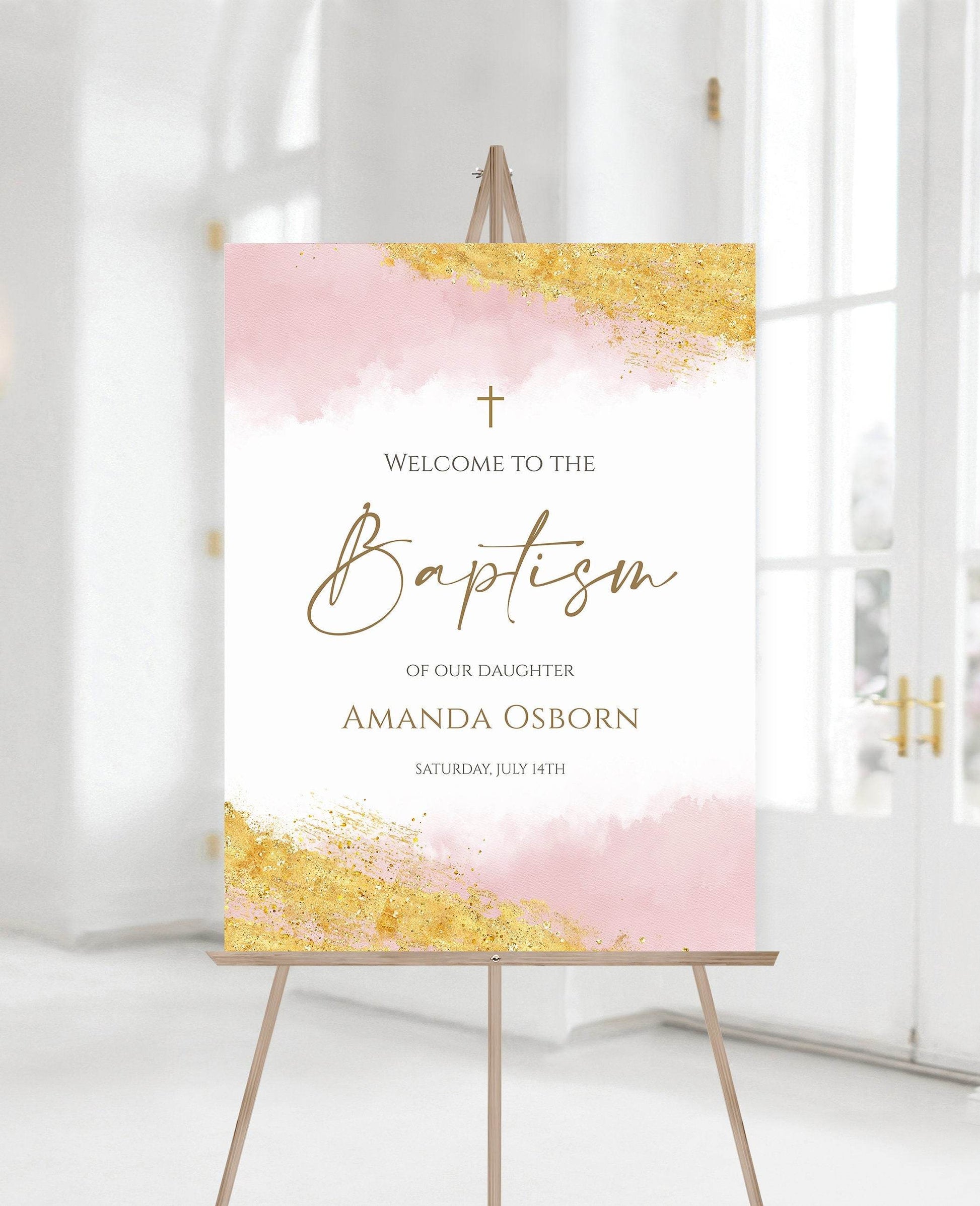 Pink Girl Baptism Welcome Sign, Christening Welcome Sign, Printable Welcome Sign Watercolor Welcome Sign, Pink Gold Sign, Digital Template