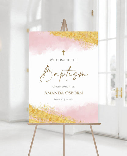 Pink Girl Baptism Welcome Sign, Christening Welcome Sign, Printable Welcome Sign Watercolor Welcome Sign, Pink Gold Sign, Digital Template