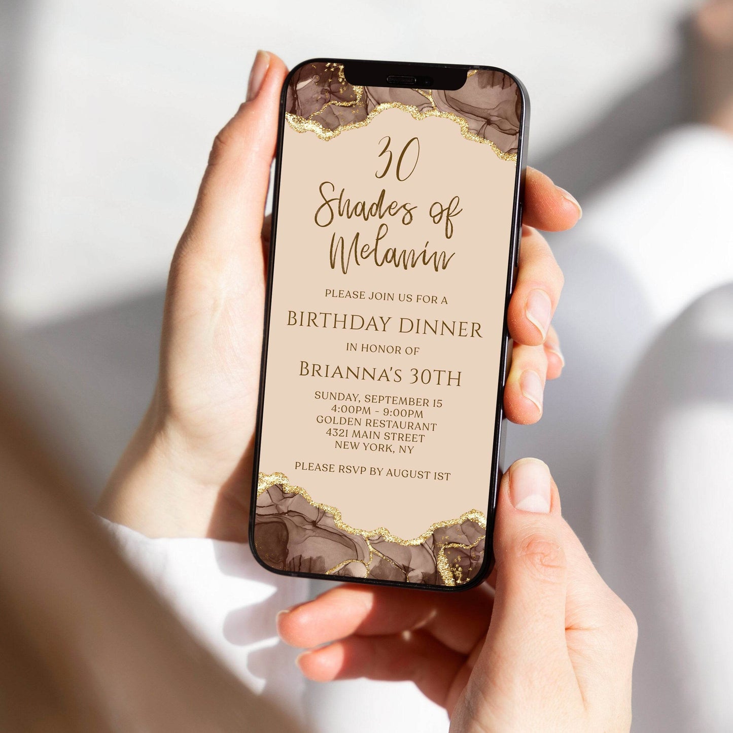 Digital Shades of Melanin Gold Birthday Dinner Invitation Template, Agate Invite, Electronic Shade of Brown Invitation, Text Message Evite