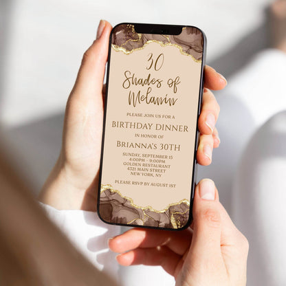 Digital Shades of Melanin Gold Birthday Dinner Invitation Template, Agate Invite, Electronic Shade of Brown Invitation, Text Message Evite
