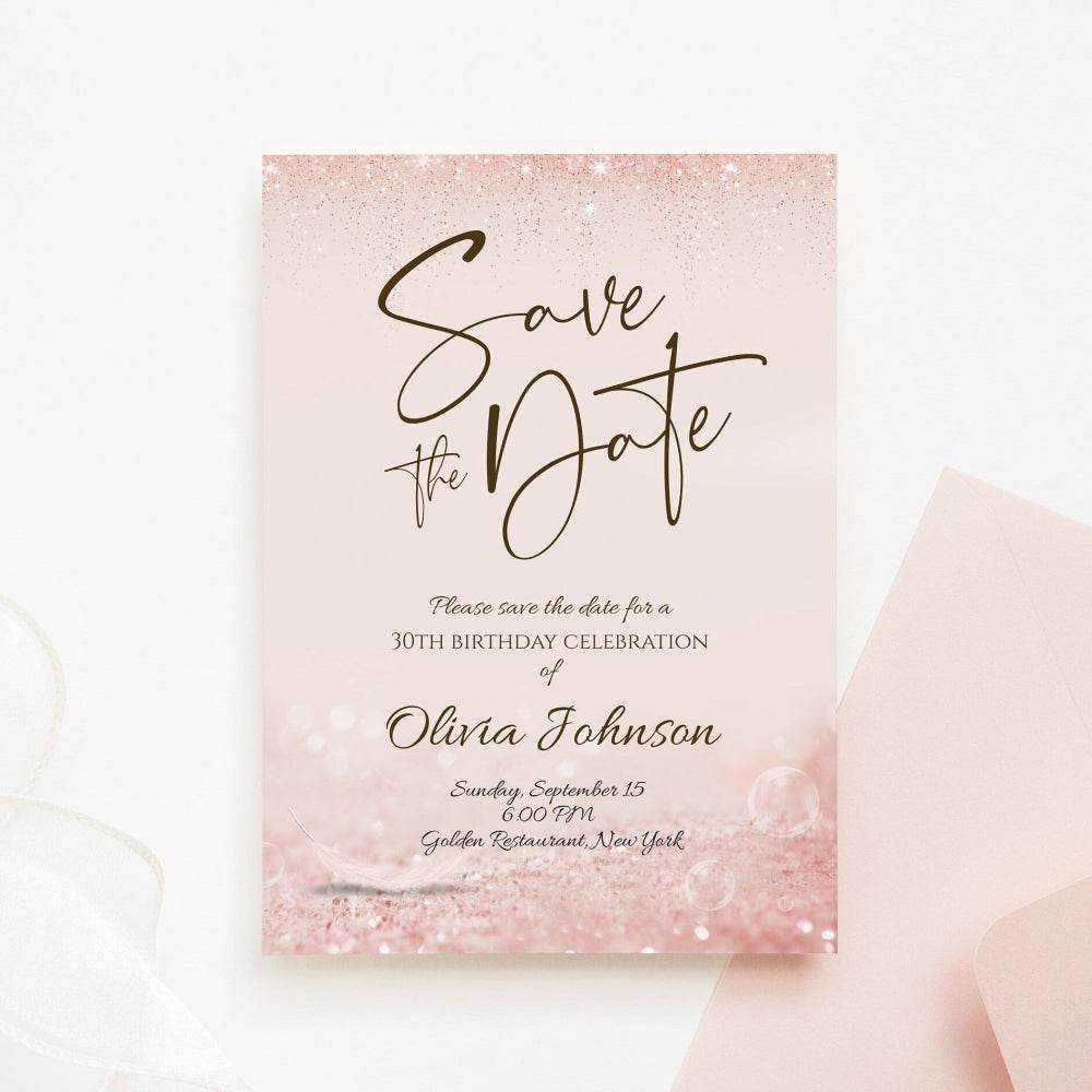 Luxury Save the Date Birthday Invitation Template – Editable Rose Gold Glitter Invite | Printable or Digital Text Message Evite | Instant Download