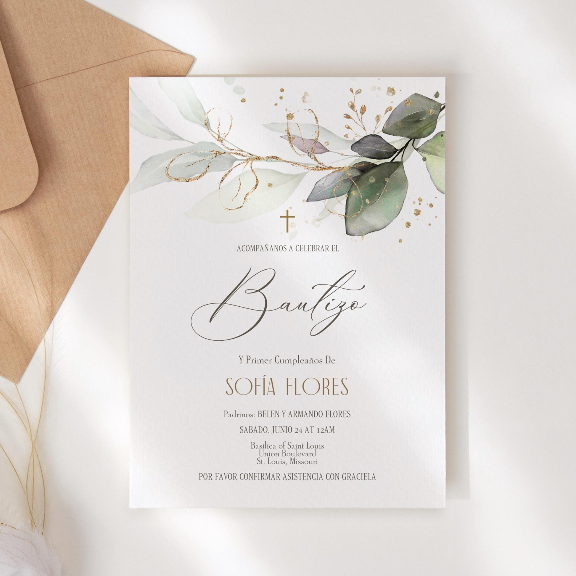 Invitacion de Bautizo, Bautizo Invitations Nino o niña, Invitación en Español, Mi Bautizo Invitation, Greenery Baptism Invitation Template