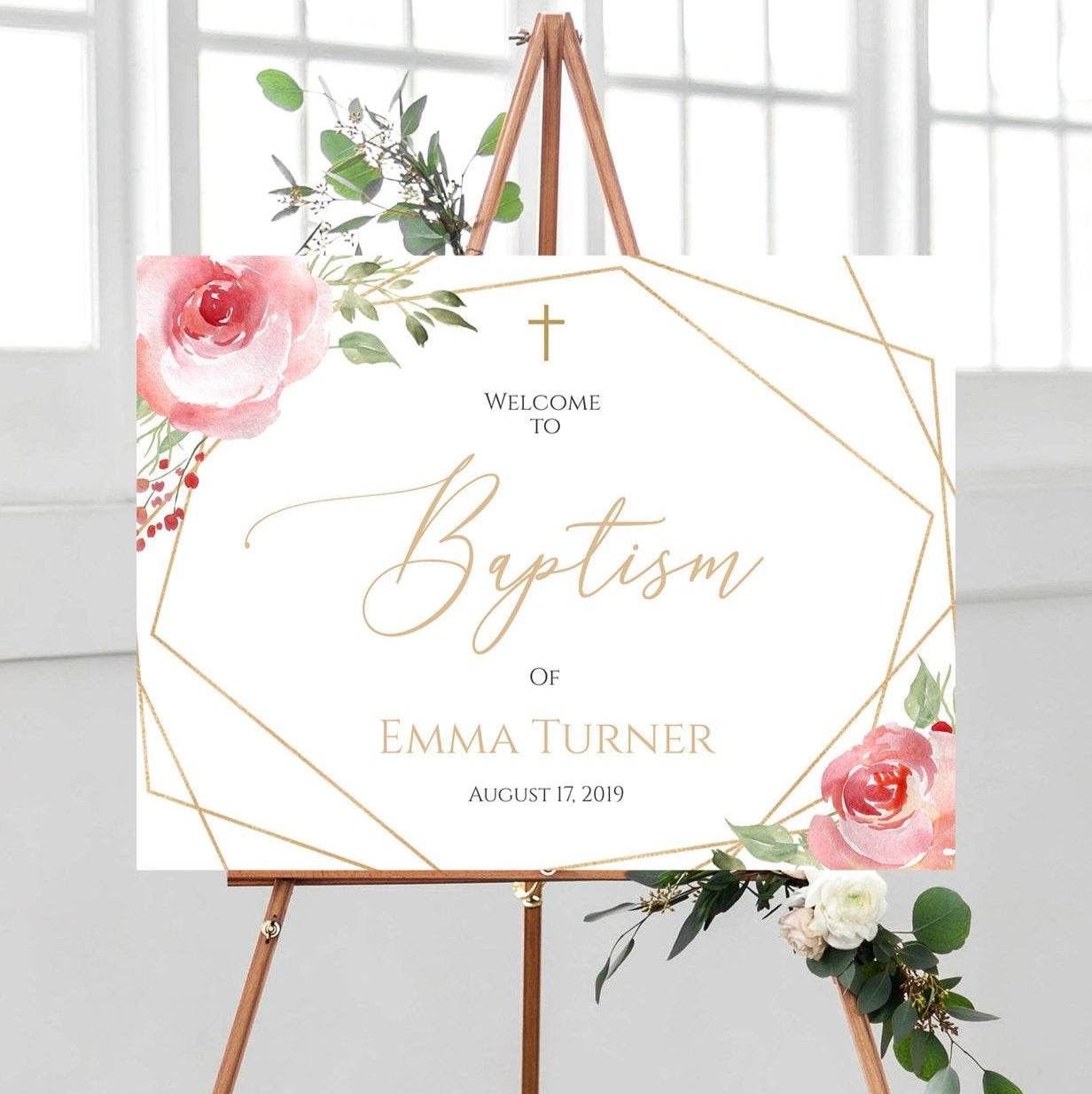 Baptism Welcome Sign Template – Blush Pink Floral & Gold Geometric Christening Poster | Editable Girl Baptism Decoration | Instant Download