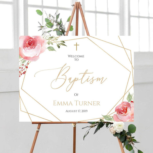 Baptism Welcome Sign Template – Blush Pink Floral & Gold Geometric Christening Poster | Editable Girl Baptism Decoration | Instant Download