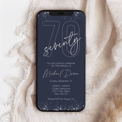 Electronic Navy Silver 70th Birthday Invitation – Editable Digital Evite Template – Text Message Phone Invite – Seventy Mens Birthday Party