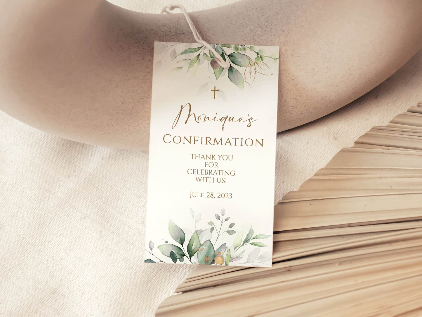 Greenery Confirmation Thank You Tag Template, Printable Favor Tag, Eucalyptus Gold Cross, Boho Sage Leaves, Editable Boy Girl Tag Download