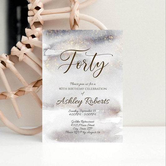 Luxury 40th Birthday Invitation Template – Editable Watercolor Gold Glitter Forty Invite | Printable Digital Download | DIY Party Invitation