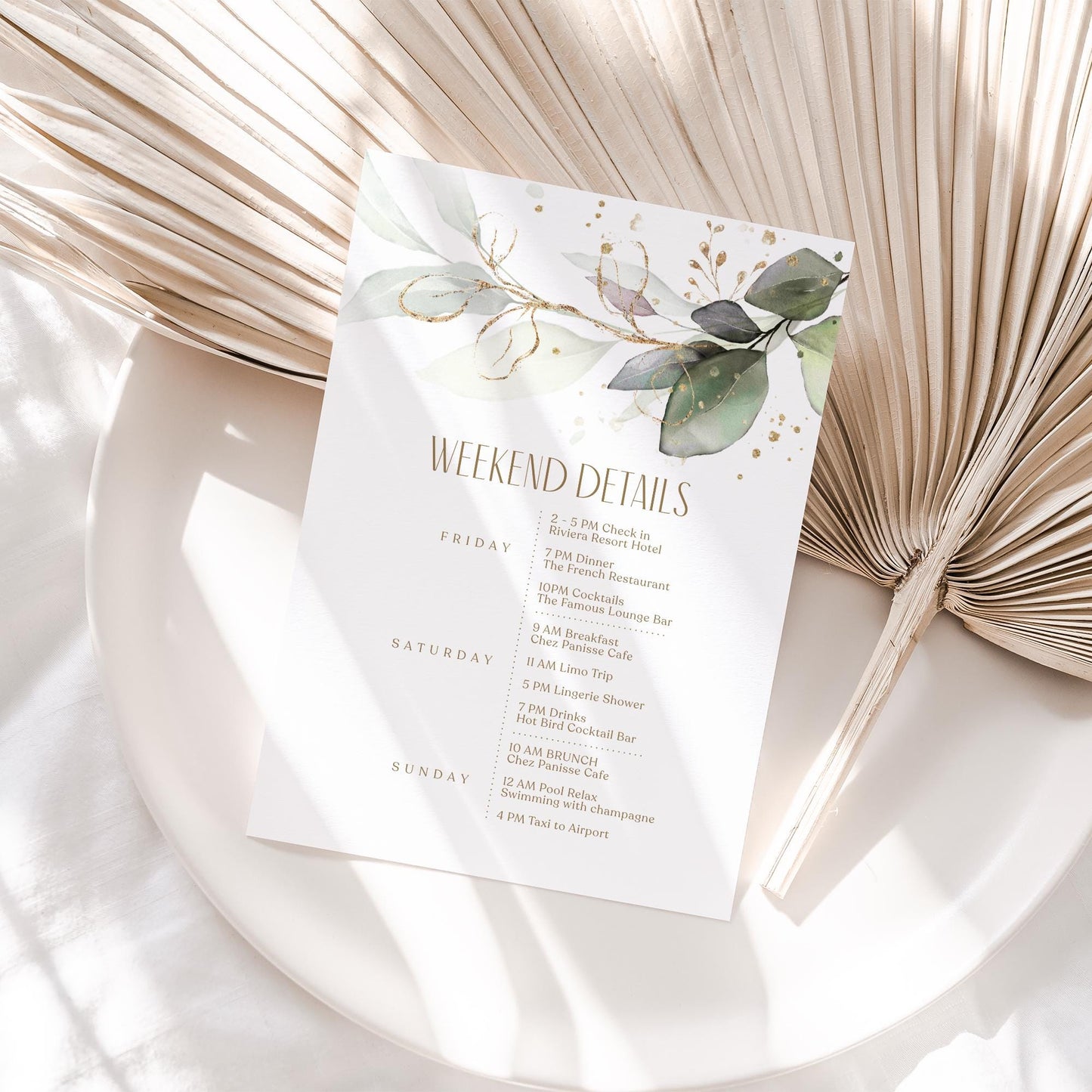 Editable Greenery Wedding Itinerary Card Template, Eucalyptus Birthday Weekend Details Template, Digital Timeline Schedule Weekend Events