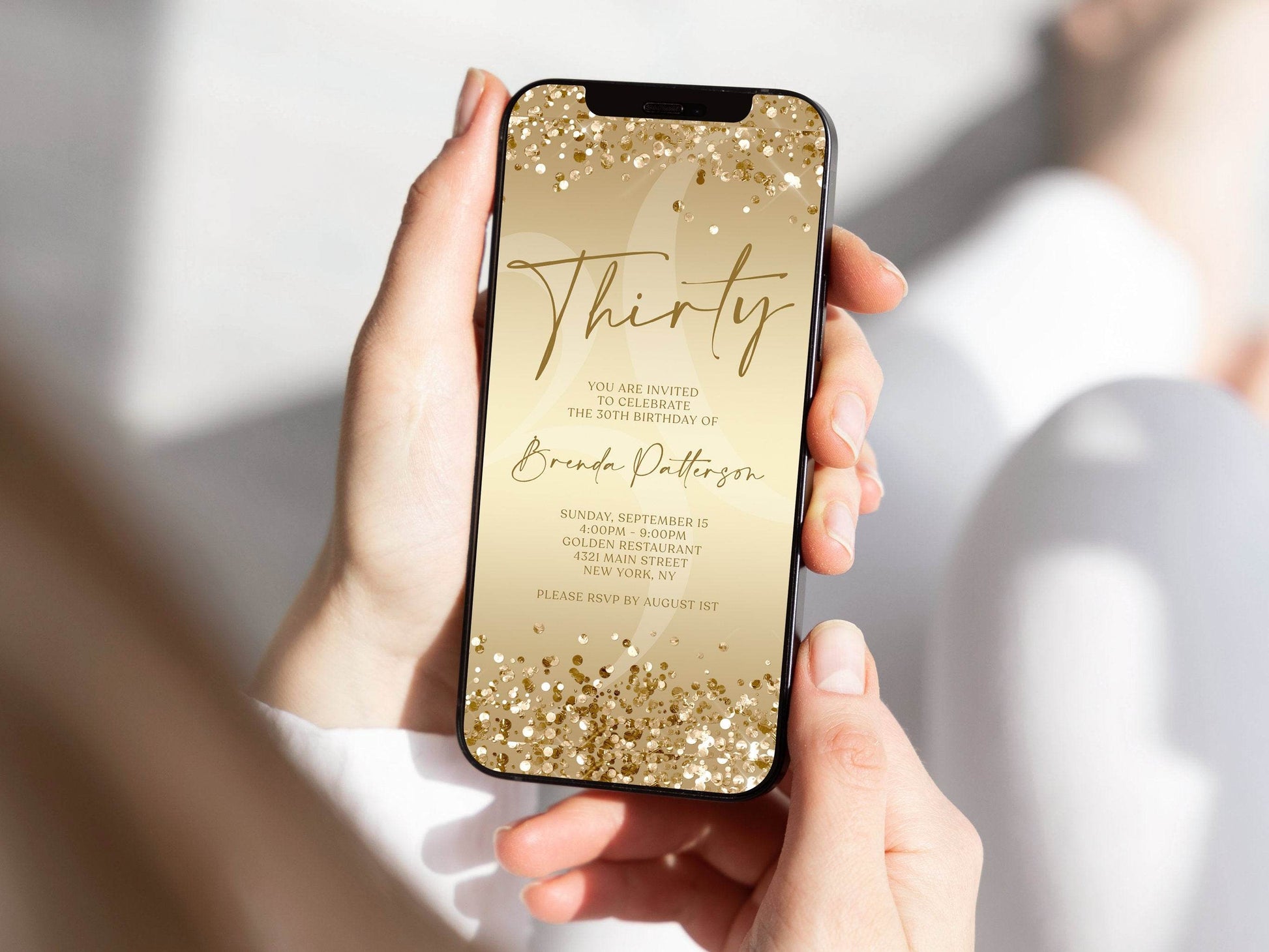 Gold 30th Birthday Invitation Digital Template, Editable Thirty Birthday Evite, Gold Confetti Text Message Invite, Electronic Party Card