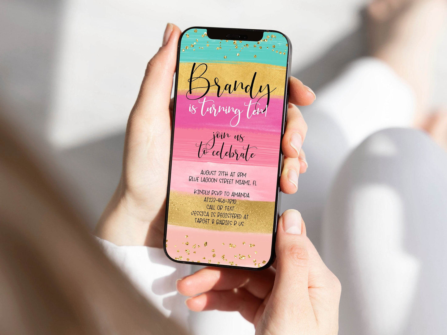 Digital 10th Ten Girl Birthday Party Text Invitation Template, Electronic Rainbow Gold Birthday Invite DIY Evite, Instant Download, Editable