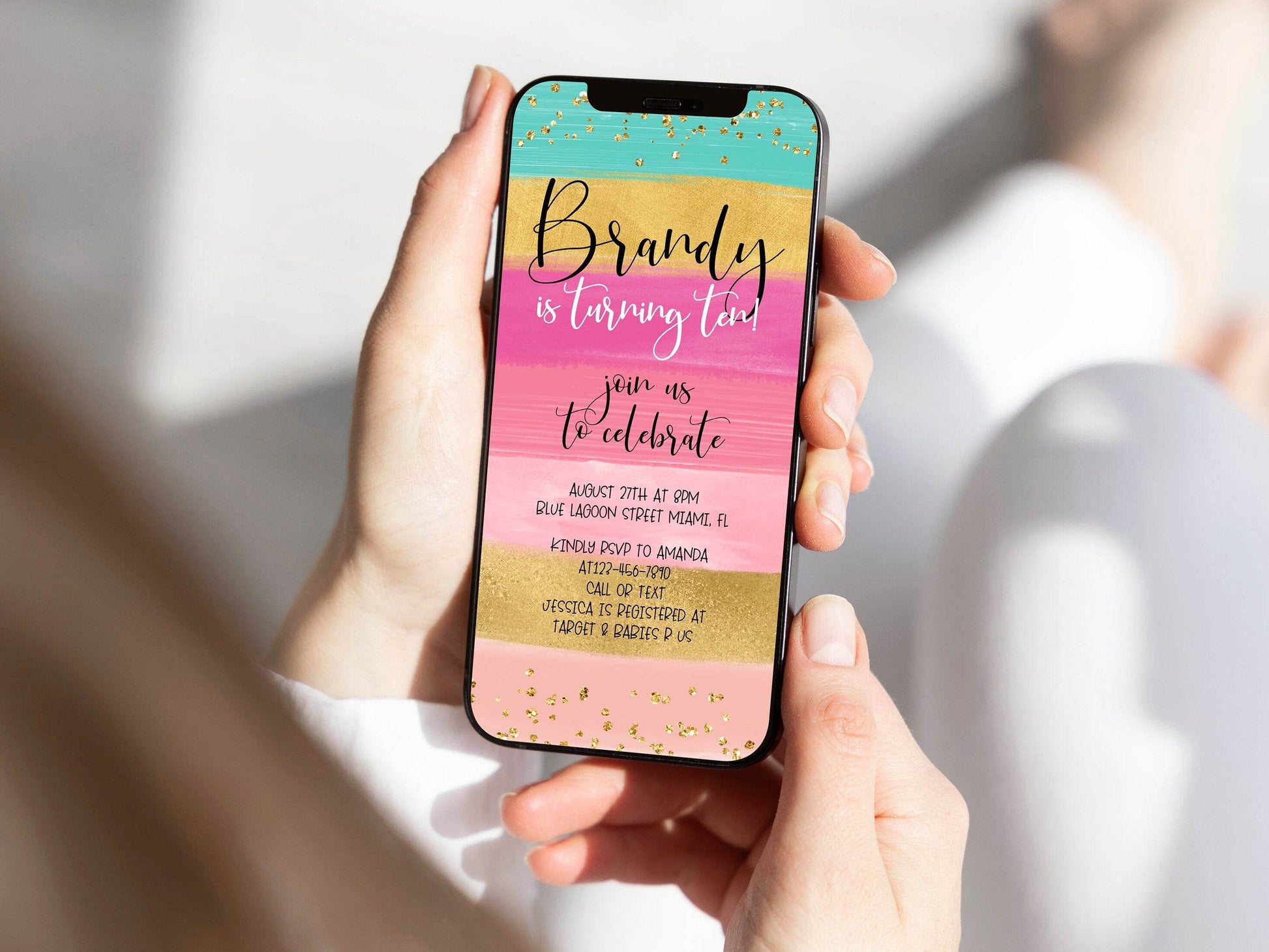 Digital 10th Ten Girl Birthday Party Text Invitation Template, Electronic Rainbow Gold Birthday Invite DIY Evite, Instant Download, Editable