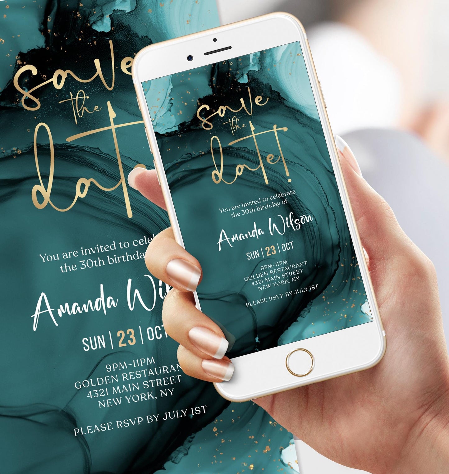 Digital Teal Gold Save the Date Invitation template, Electronic Birthday Invite, Editable Mobile Evite, Any Age Invite, Text Message Evite