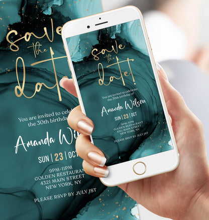 Digital Teal Gold Save the Date Invitation template, Electronic Birthday Invite, Editable Mobile Evite, Any Age Invite, Text Message Evite