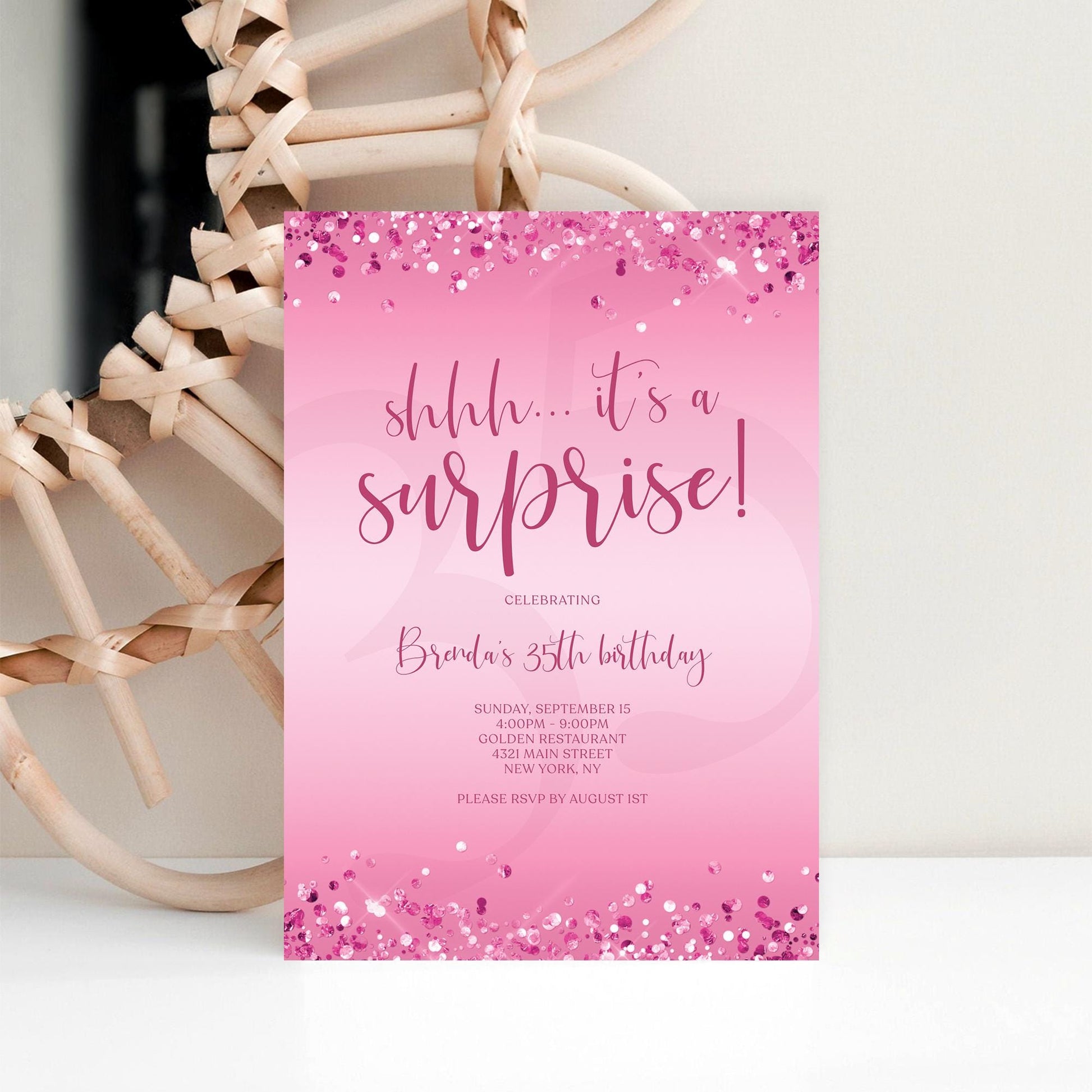 Surprise Birthday Invitation Template - Pink Confetti Design | Instant Download