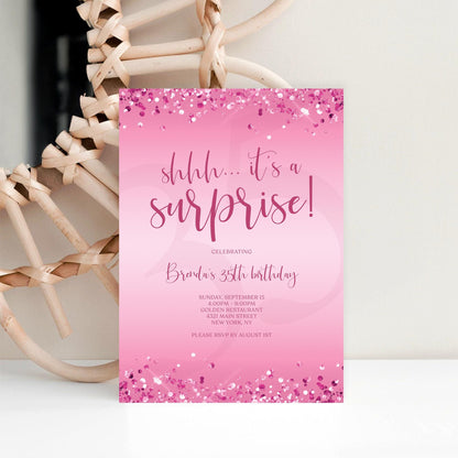 Surprise Birthday Invitation Template - Pink Confetti Design | Instant Download