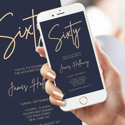 60th Birthday Navy and Gold Invitation | Digital Editable Evite for Men | Sixty Birthday Text Message Invite | Electronic Phone or Email Template