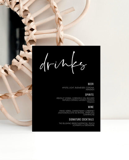 Black Modern Drinks Sign Editable Template, Minimalist Wedding Signage, Printable Sign, Minimal Wedding Sign, Black & White Digital Template