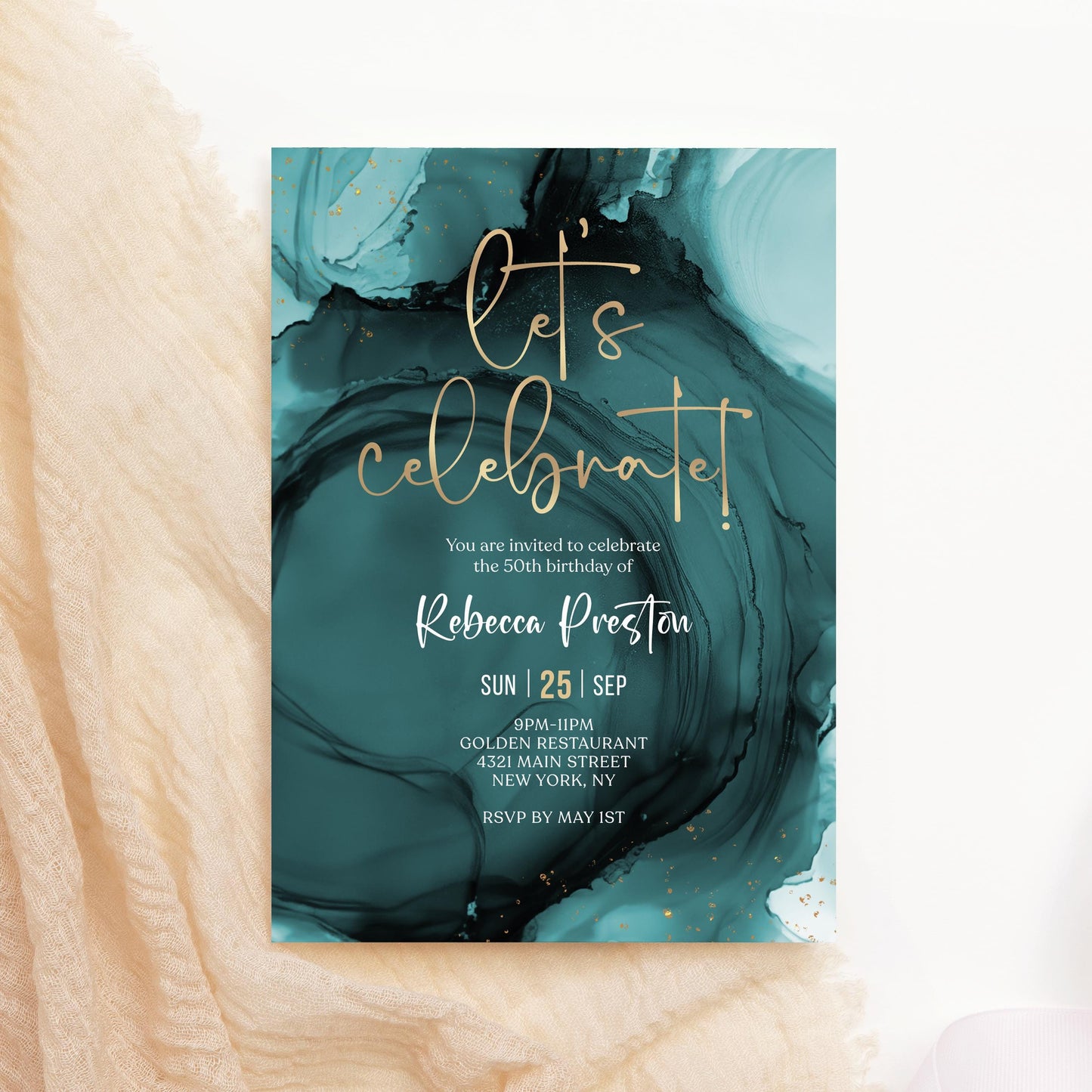 Teal Gold Let's Celebrate Birthday Invitation Template, Printable Birthday Dinner Invite, Any Age Editable Surprise Invite, Digital Download