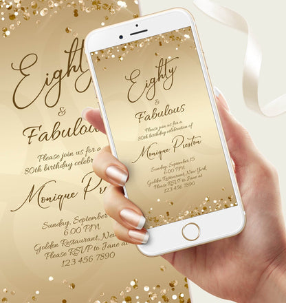 Digital Eighty and Fabulous Dinner Party Invitation – Gold 80th Birthday Evite Template | Editable Ladies Text Message Invite | Instant Download