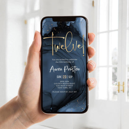 12th Boy Birthday Invitation Template | Navy Gold Design, Instant Download